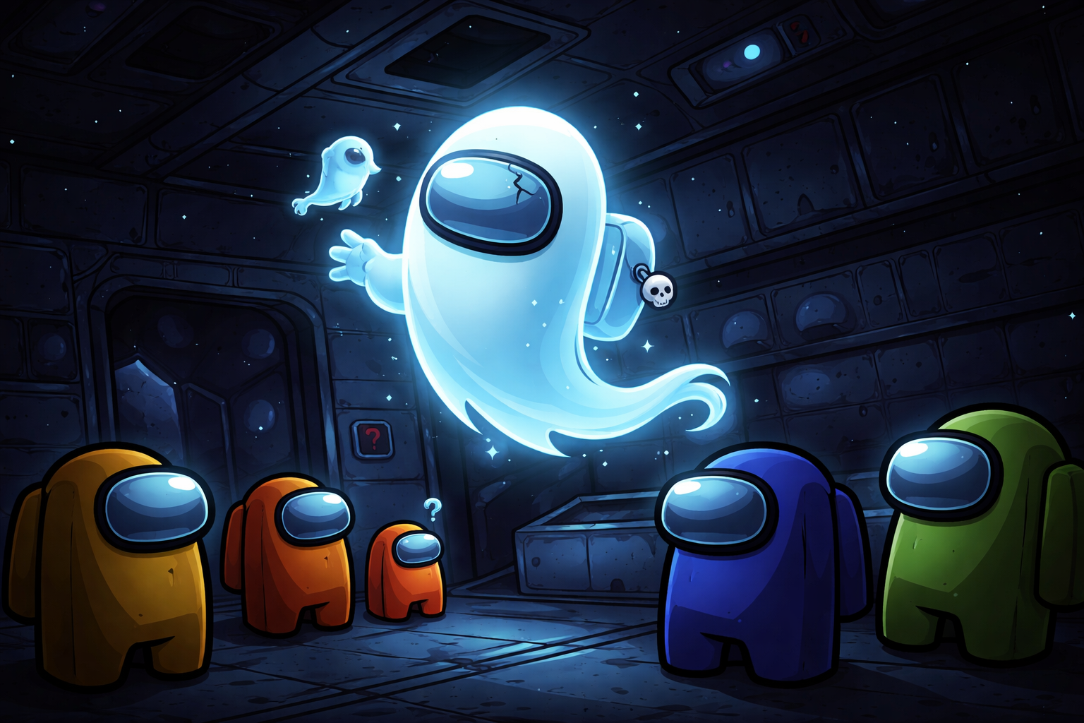 A crowd of figures with a hidden red ghost